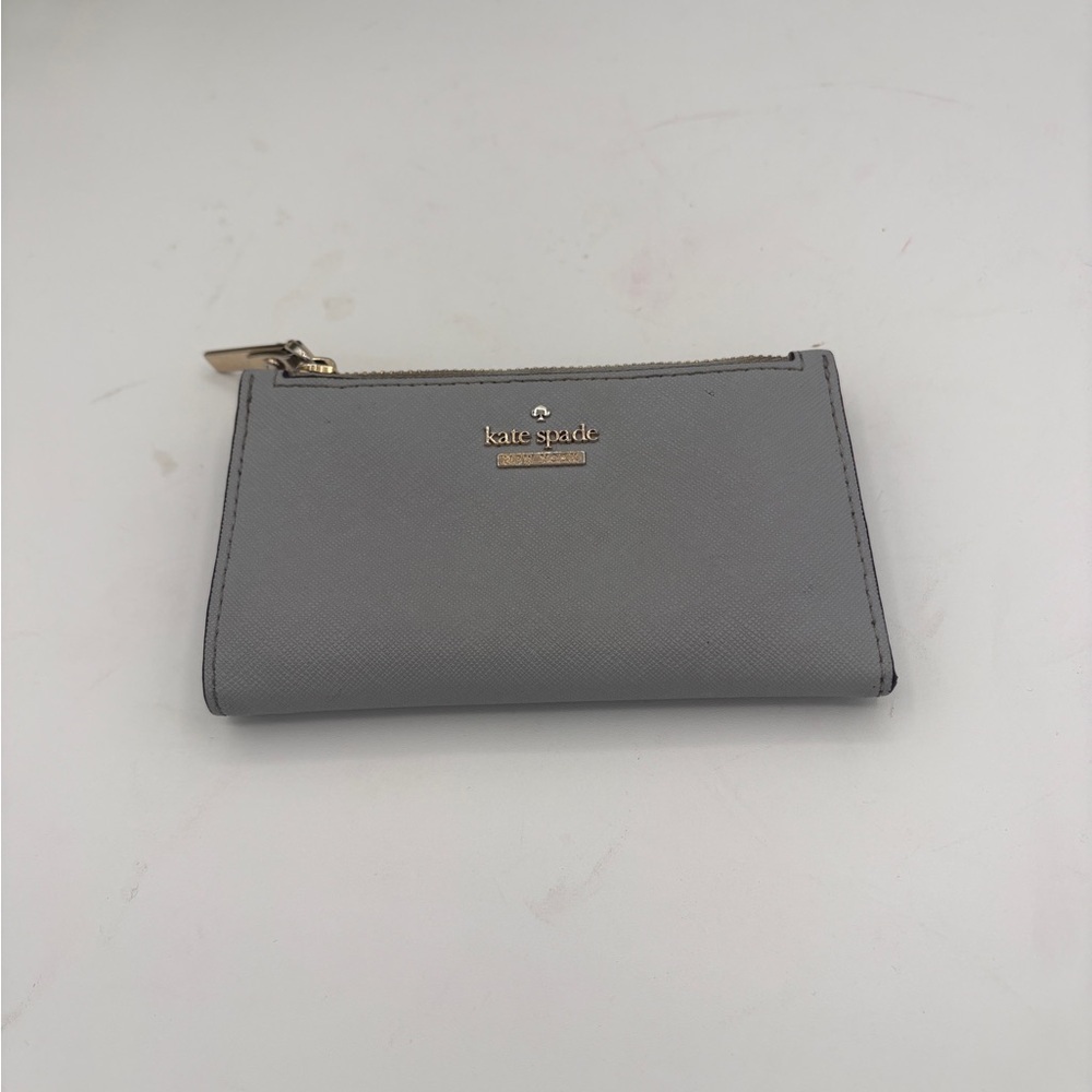 kate spade Grey Saffiano Zip Card Wallet with Gold Logo